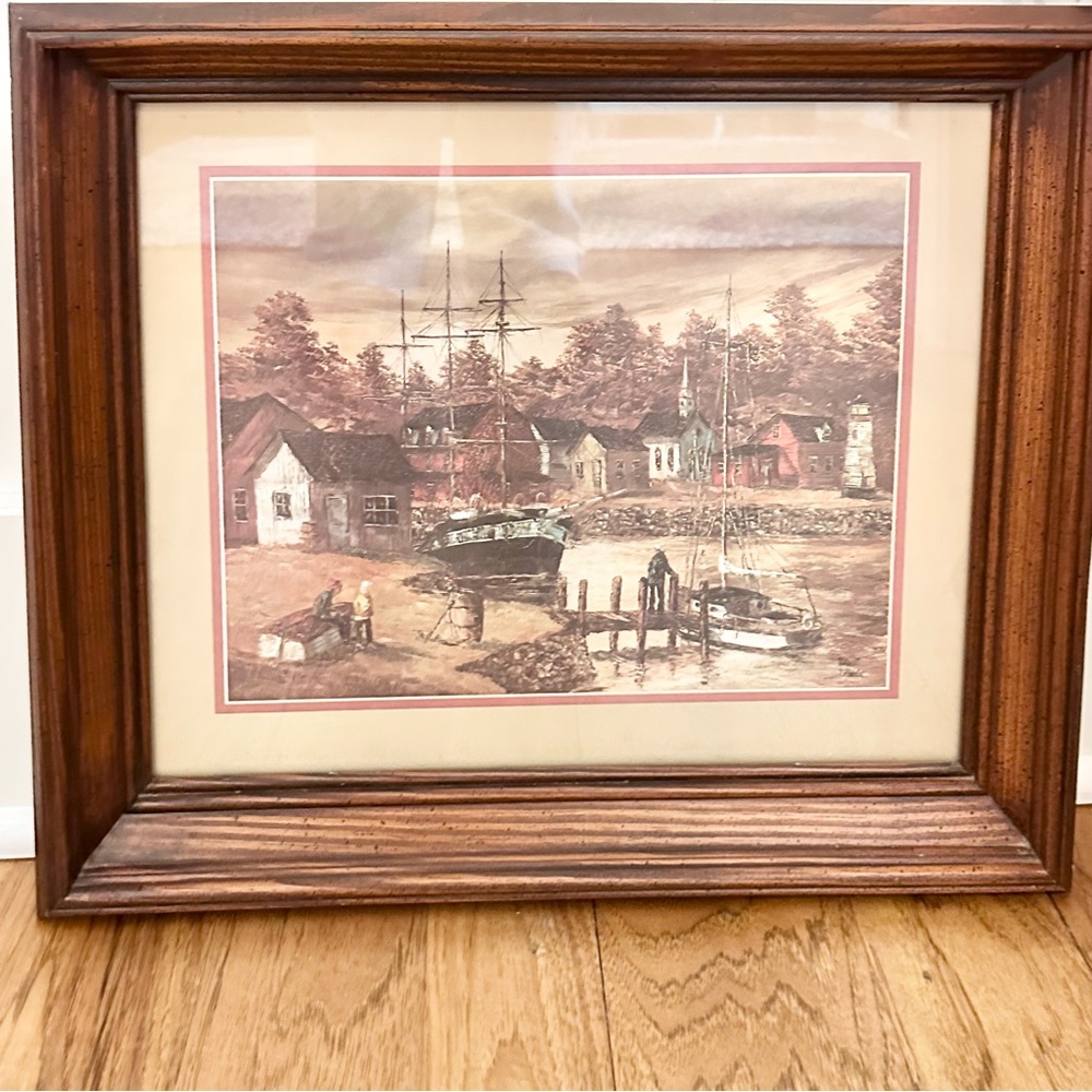 Vintage Framed Harbor Village Scene Art Print Robert Lebron New England Fishing